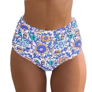 Women Ruffle High Waisted Swimsuit Bottoms Tropical Print Medium NEW